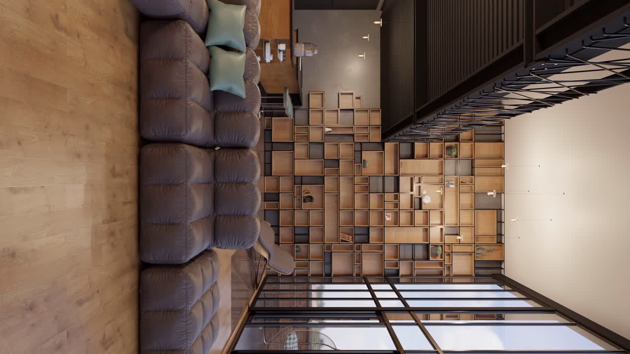 Vertical shot of brown padded couches with different colored boxes on the wall