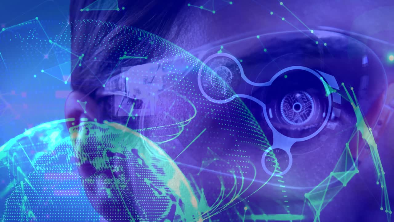 animación del globo y la red de conexiones sobre el ojo del hombre en gafas vr utilizando interfaz