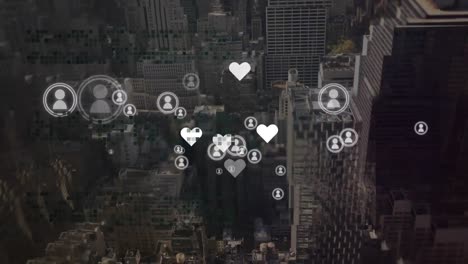 animation of media icons over cityscape