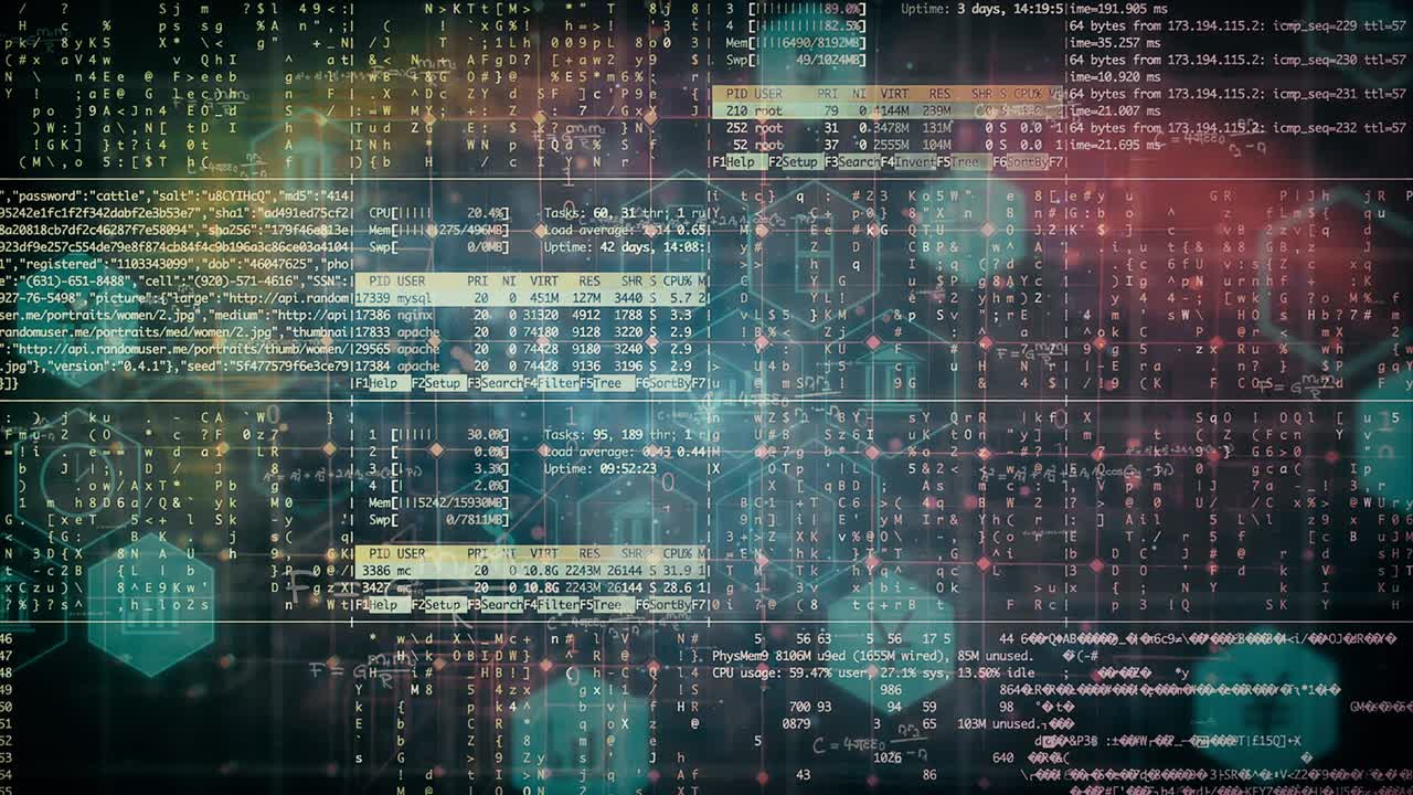 4k abstract dark digital grid data communication technology background footage.Data grid ,math formulas and various business icons overlay. Seamless loop