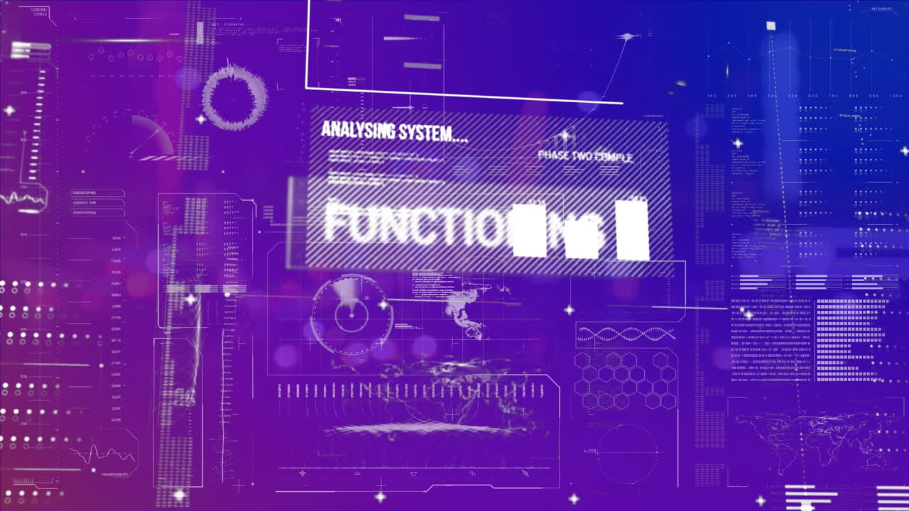 Animation of computer language over texts, graphs, globe, map, loading bars on abstract background