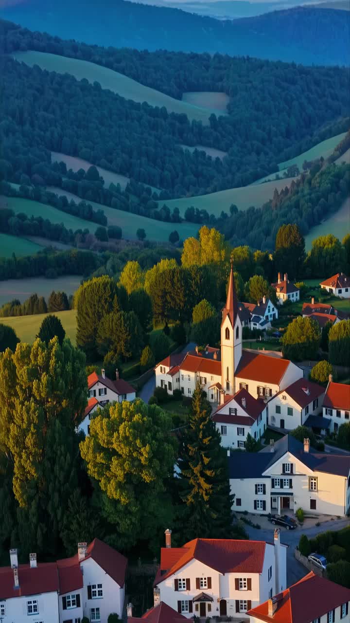 Aerial view of a serene village with colorful houses and lush trees, set against distant mountains