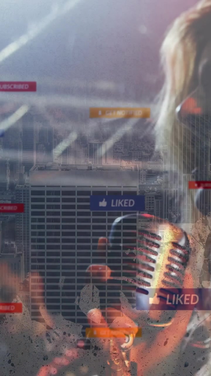 Vertical video: Singer making music, adjusting mic, causing city grid and like subs badges drifting