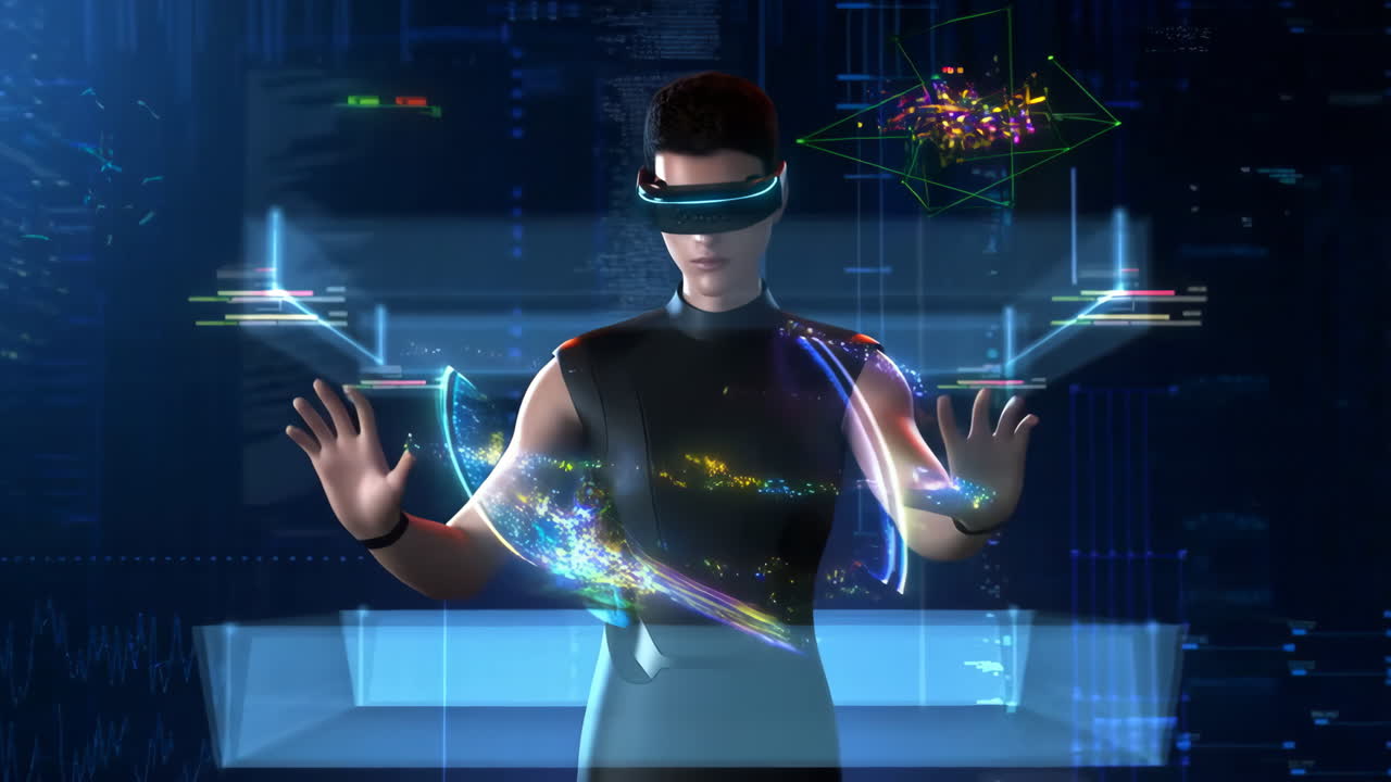 Person in VR Headset Interacting with Holographic Interface in a Futuristic Digital Environment