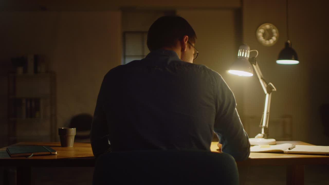 Uomo professionista seduto alla sua scrivania in ufficio, lavora al laptop di sera. L'uomo lavora con i dati, analizza statistiche, annota informazioni. Movimento di ripresa ad arco con tracking a 360 gradi