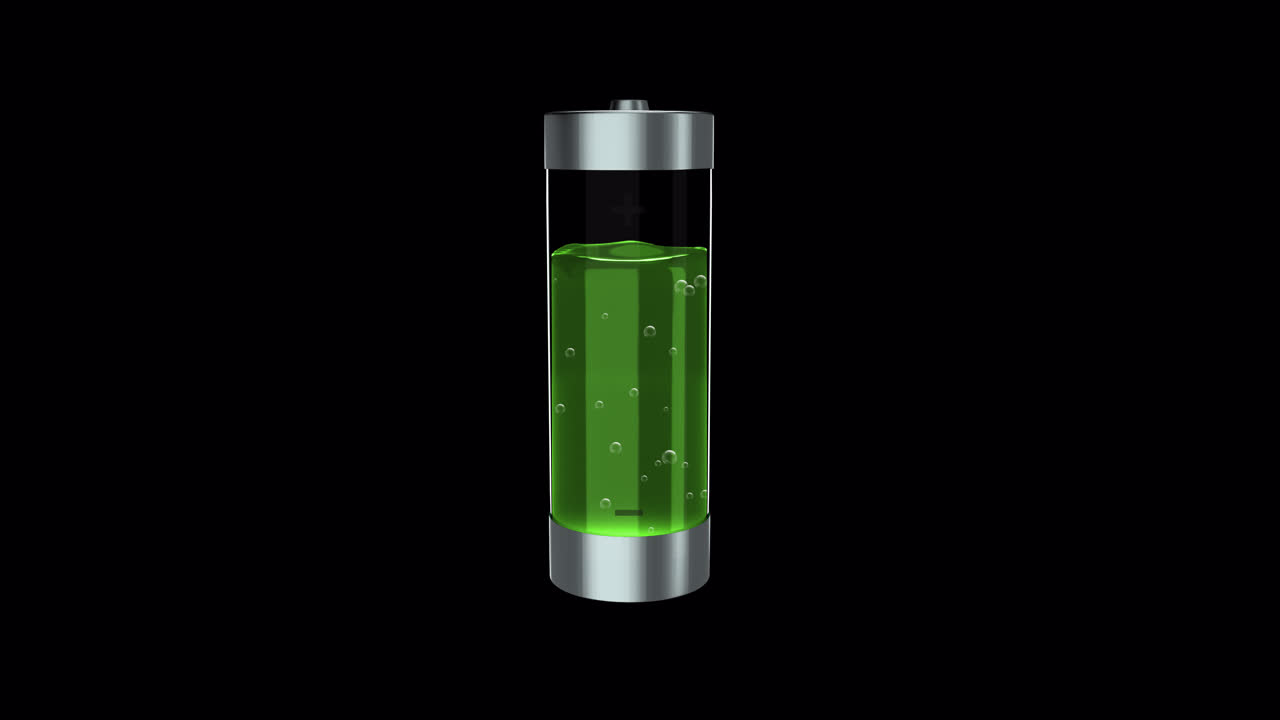 Carica ecologica della batteria con liquido verde, indicatori del livello di carica con canale alfa.