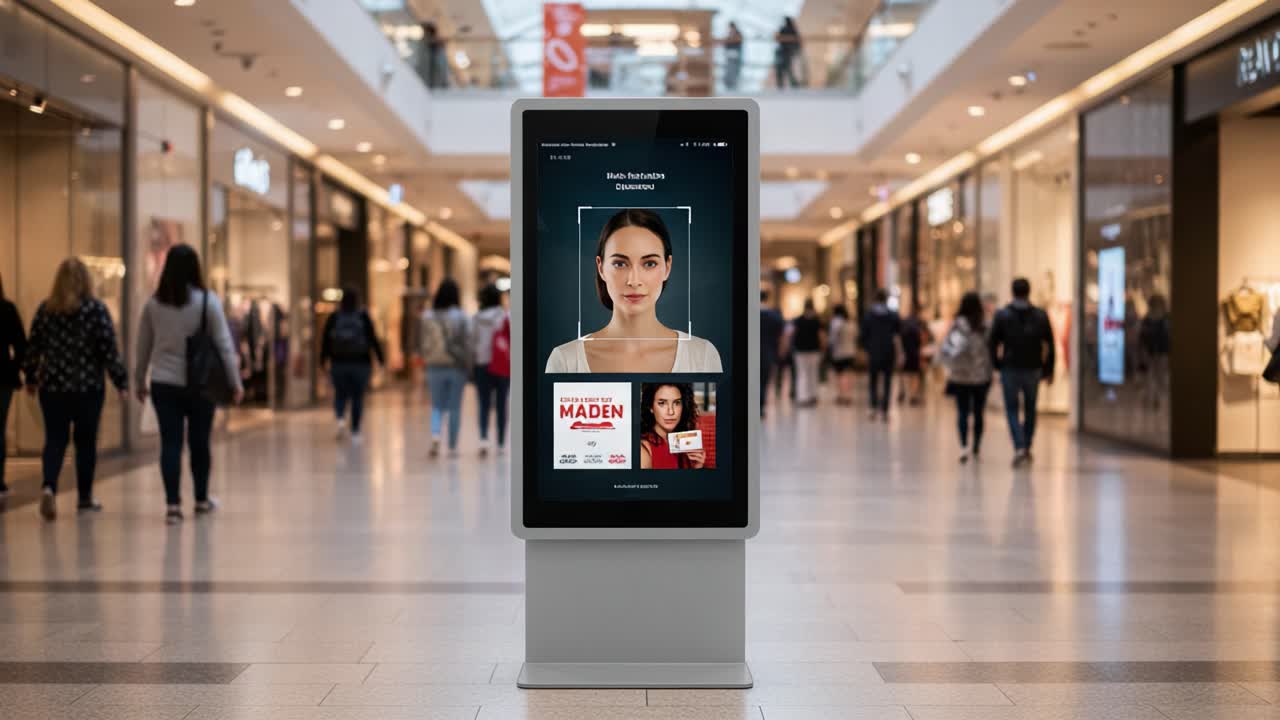 Digital Advertising Display in Shopping Mall Featuring Promotional Content with a Focus on Two Women, Enhancing Consumer Engagement and Modern Marketing Trends