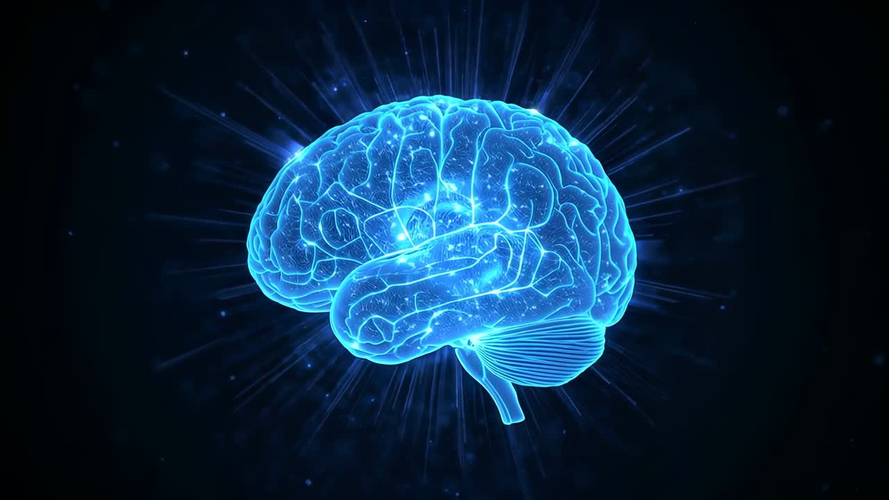 Pulsing glowing blue 3D brain model increasing sparks and rays in virtual void, showing activation
