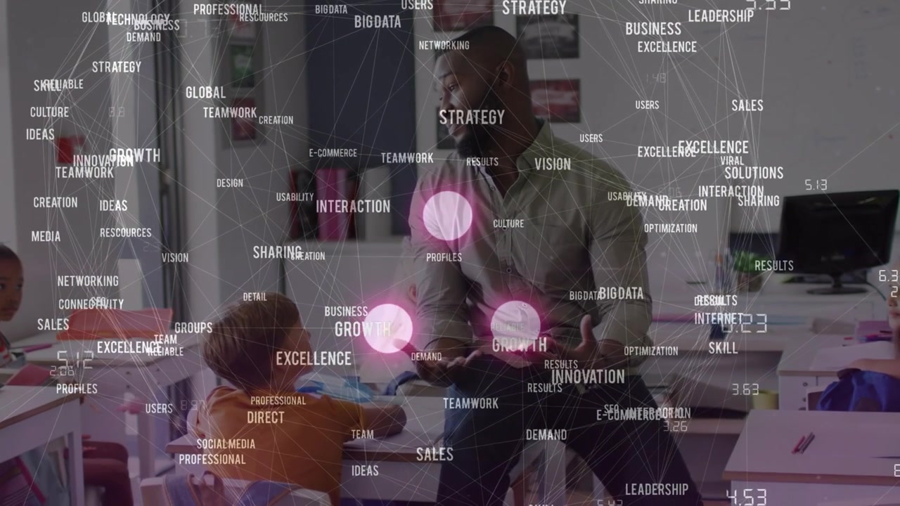 Business Professional Mentoring Colleague in Modern Office with Digital Data Overlay