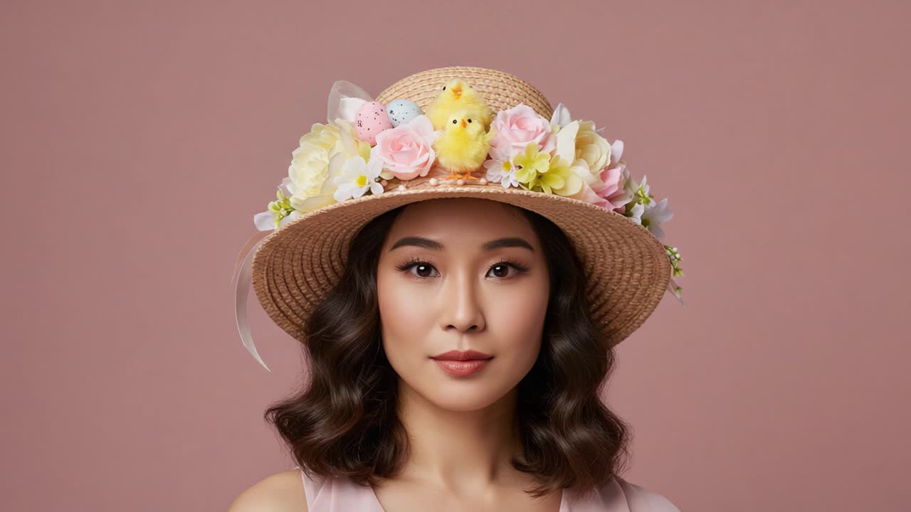 A Portrait of Spring Elegance: Captivating Beauty with a Floral-Embellished Hat Symbolizing Renewal and Joy