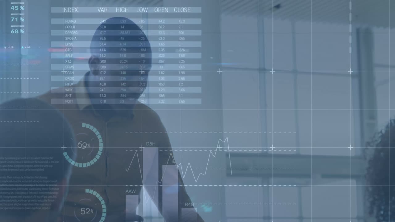 Animation of financial data and graphs over happy diverse businesspeople talking in office