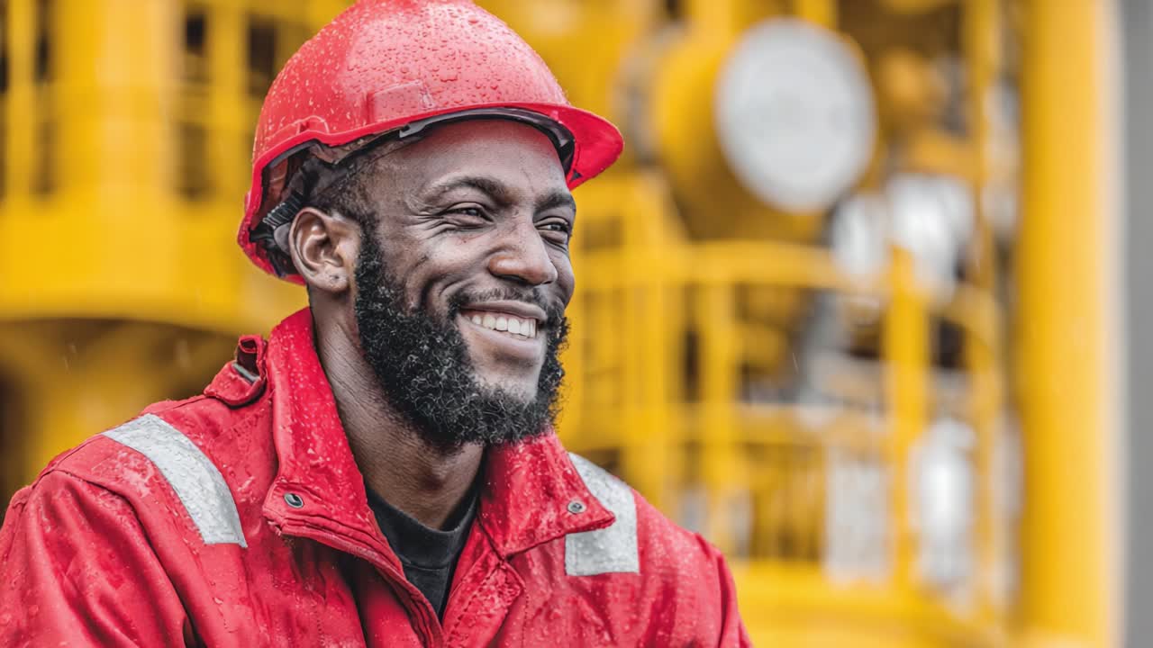 A Joyful Worker in Safety Gear: Capturing the Happiness of an Experienced Professional Amidst Industrial Environment and Rainy Weather Conditions