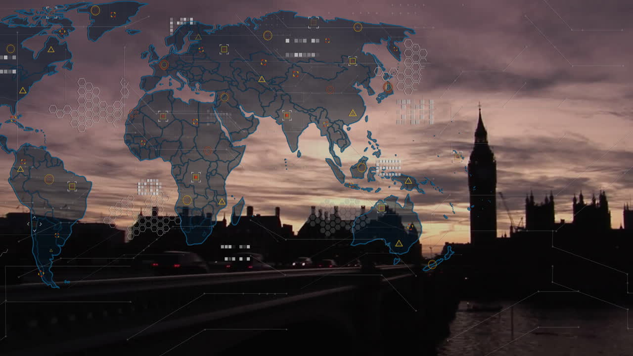 Digital world map overlaying hex grid and connecting lines over Westminster Bridge and Big Ben