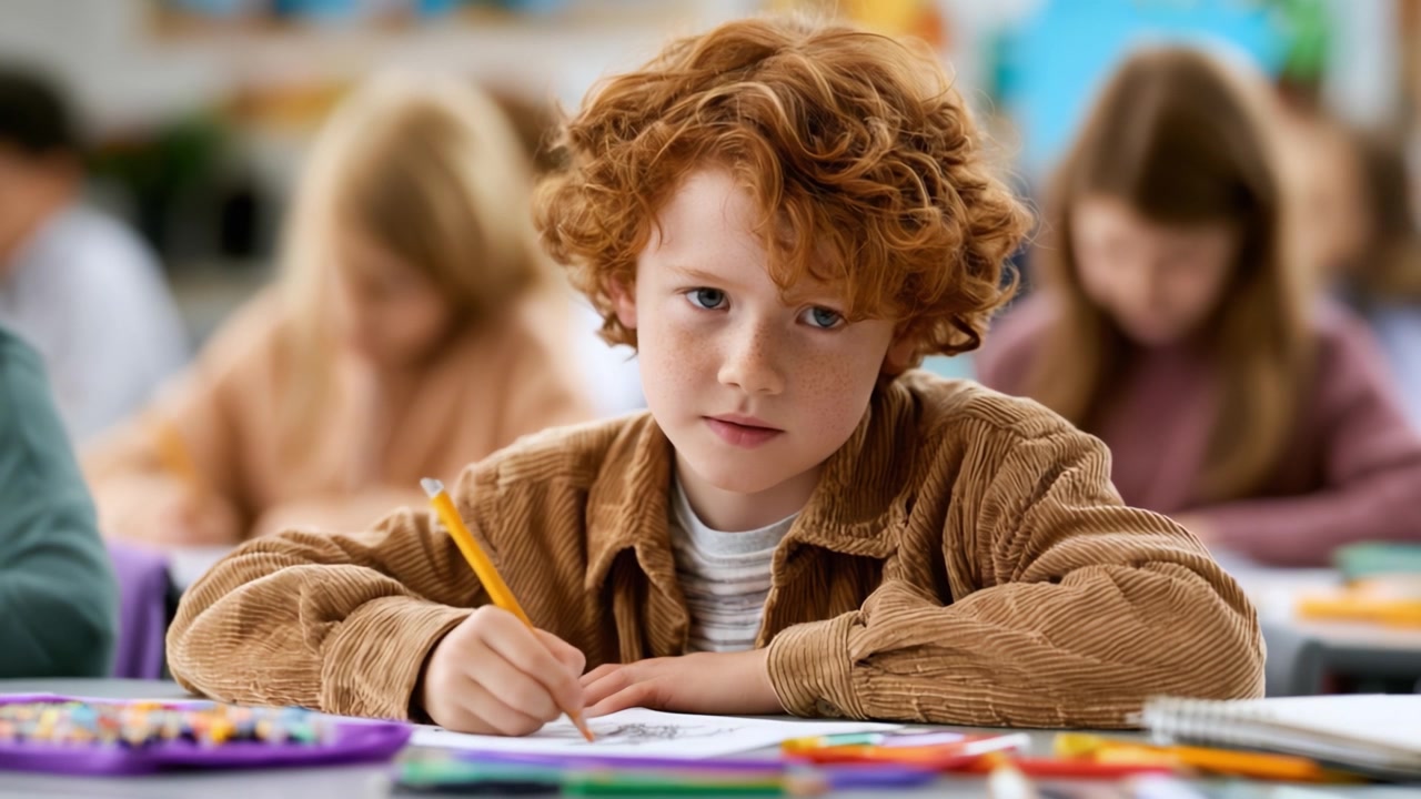 Giovane studente concentrato impegnato in un'attività di disegno creativo in un'aula con i compagni, che mostra determinazione ed espressione artistica.