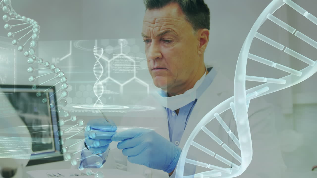 animación del procesamiento de datos médicos sobre un dentista caucásico masculino