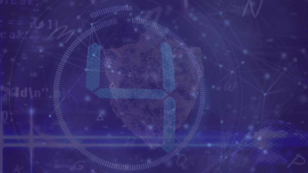 Animation of digital countdown over moving network of connections on dark background