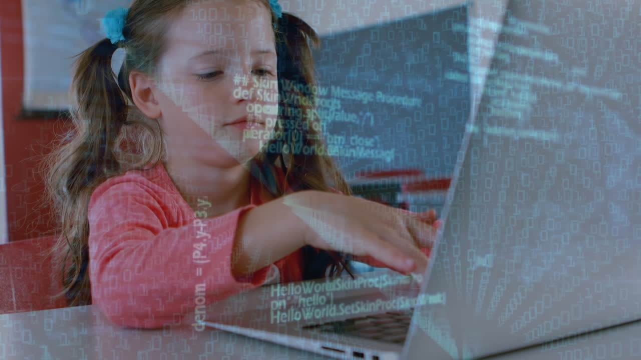 Animation of data processing over caucasian girl using laptop