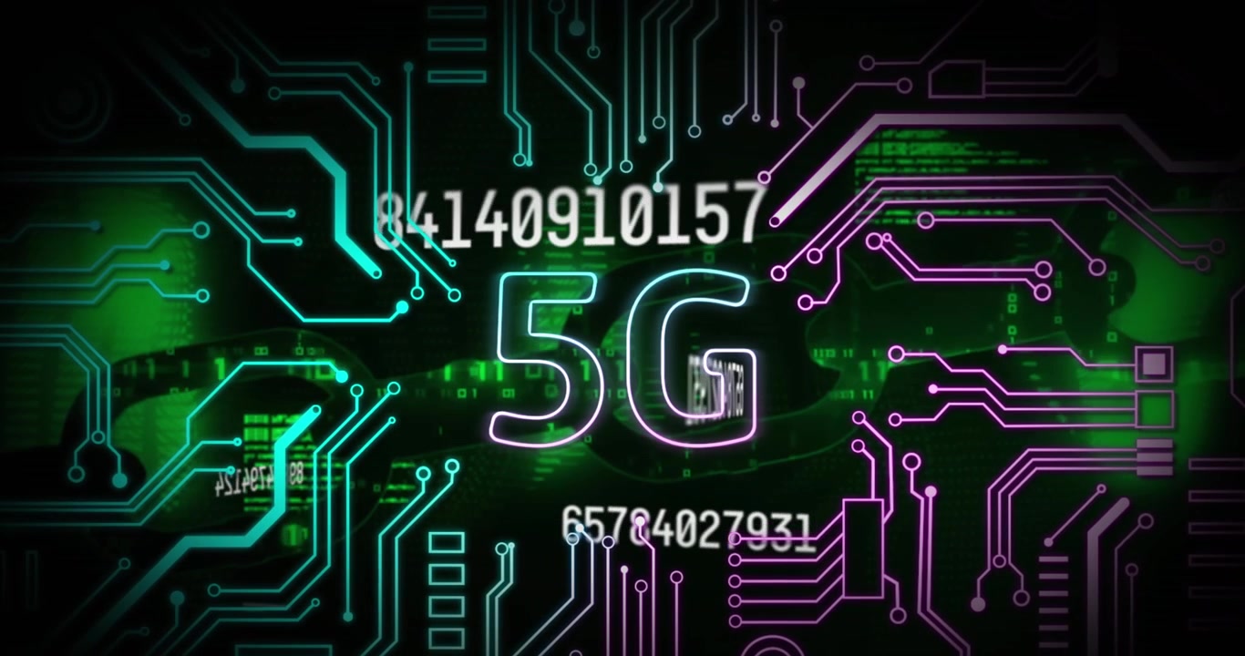 Animazione di testo 5G, elaborazione dati del computer su circuito stampato