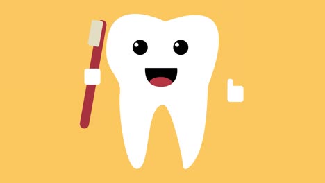 cartoon dancing happy tooth icon, healthy teeth concept loop orange background