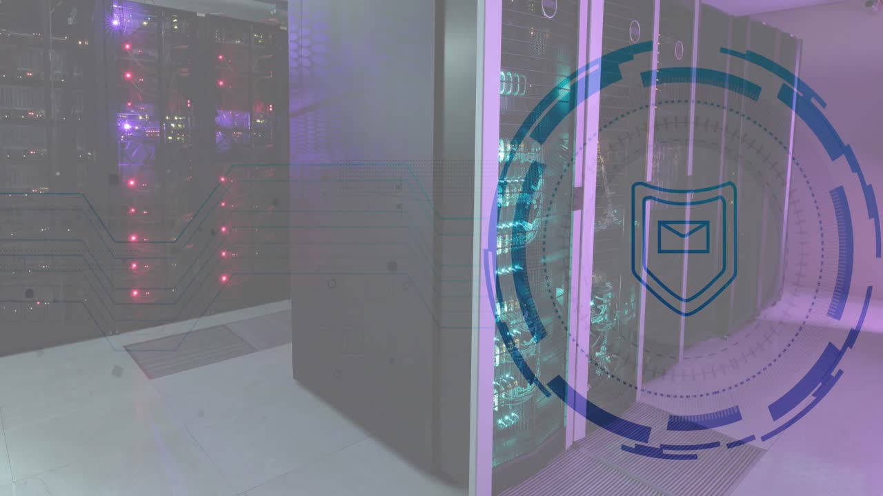 Animation of envelope and shield in loading circles, illuminated data server racks in server room