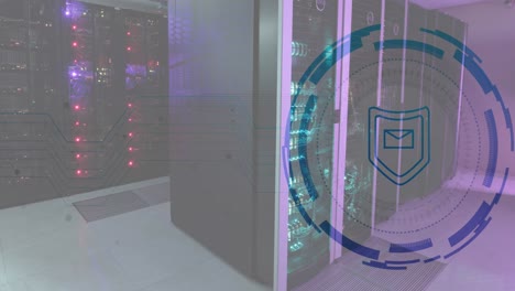 Animation-of-envelope-and-shield-in-loading-circles,-illuminated-data-server-racks-in-server-room