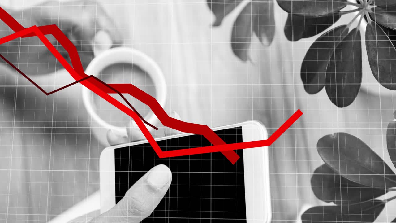 Finger tapping smartphone showing grid with red lines descending and fluctuating downtrend chart
