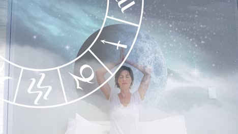 círculo de signos del zodiaco sobre mujeres caucásicas practicando yoga