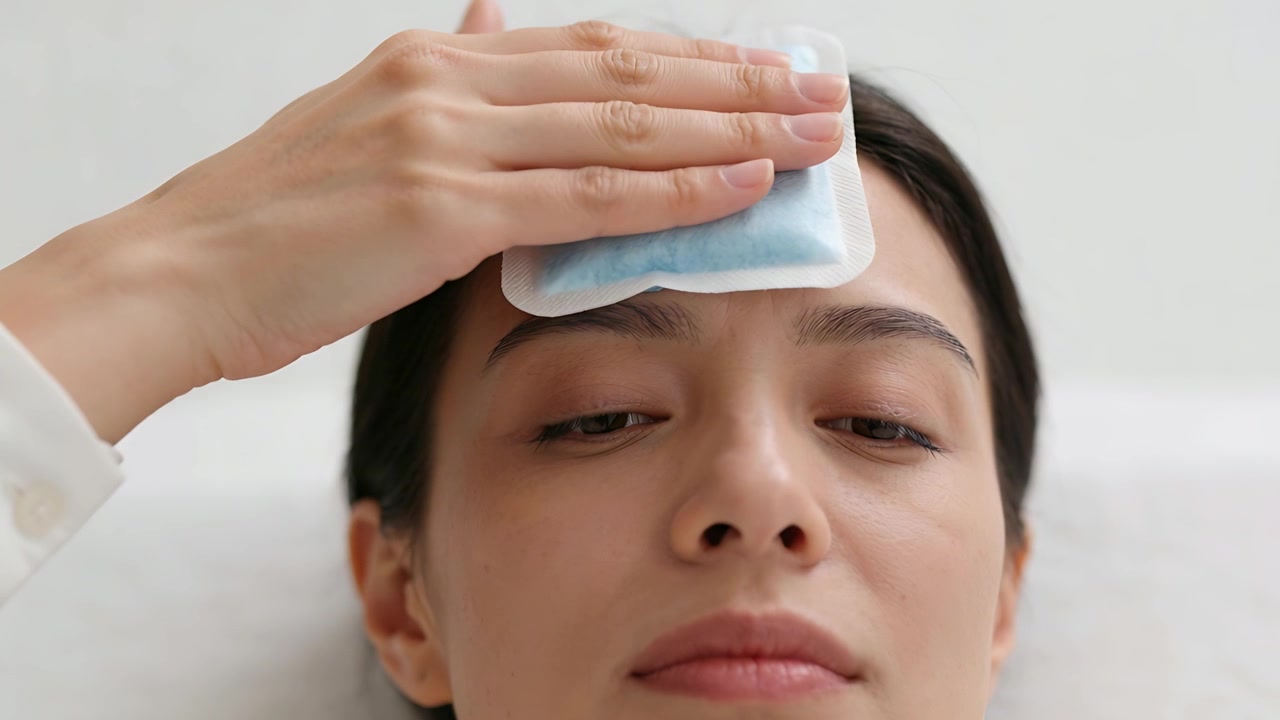 Lifting blue pack, woman in white robe pressing to forehead on headrest at spa, seeking relief