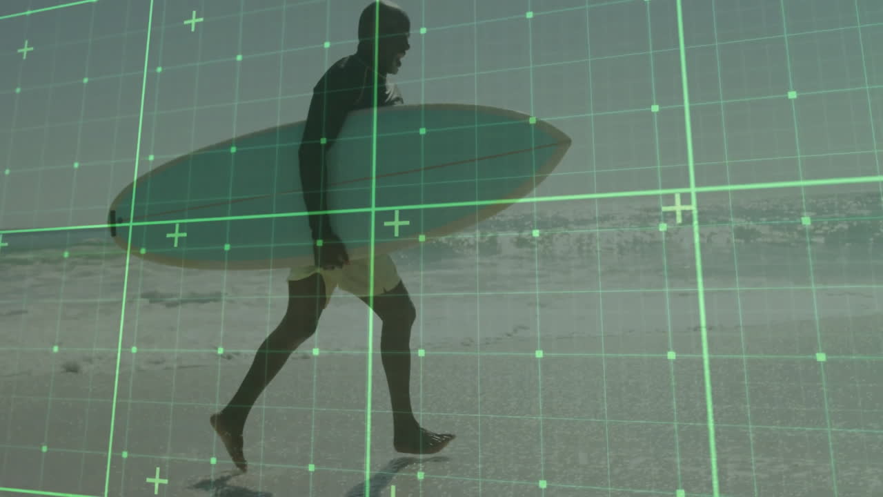Surfer carrying board walking shoreline under digital grid, illustrating technology tracking waves