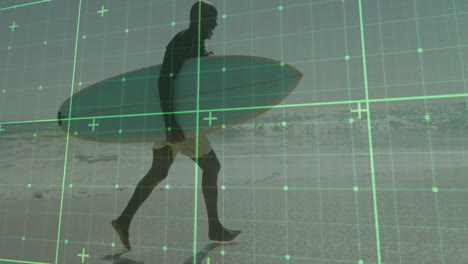 surfer carrying board walking shoreline under digital grid, illustrating technology tracking waves