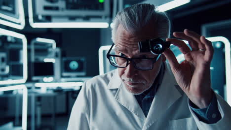 Senior Doctor Examining Sample in High-Tech Lab