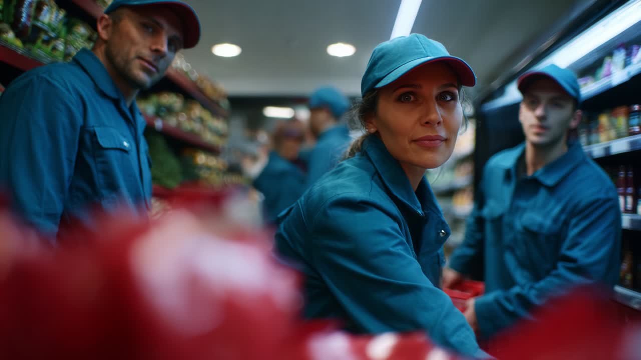 A group of dedicated individuals working diligently in a retail environment, showcasing teamwork and collaboration amidst a backdrop filled with colorful groceries and organized shelves of products