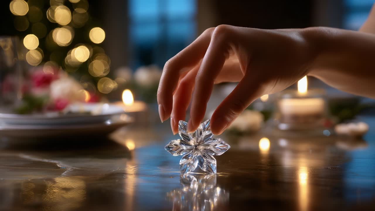A Delicate Hand Graces a Frosted Snowflake Sculpture Amidst a Warm, Ambient Holiday Setting, Capturing the Elegance of Seasonal Decor in a Softly Lit, Inviting Atmosphere