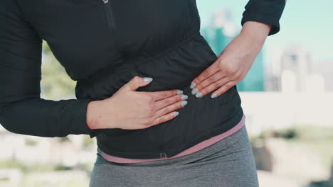 stomach, pain and fitness of woman hands