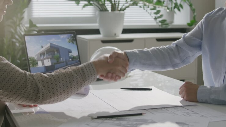 Two Female Architects Shaking Hands and Discussing Project at Meeting in Office