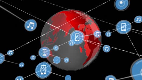 Animation-Verbundener-Musik--Und-Telefonsymbole-Mit-Rotierendem-Globus-Auf-Schwarzem-Hintergrund