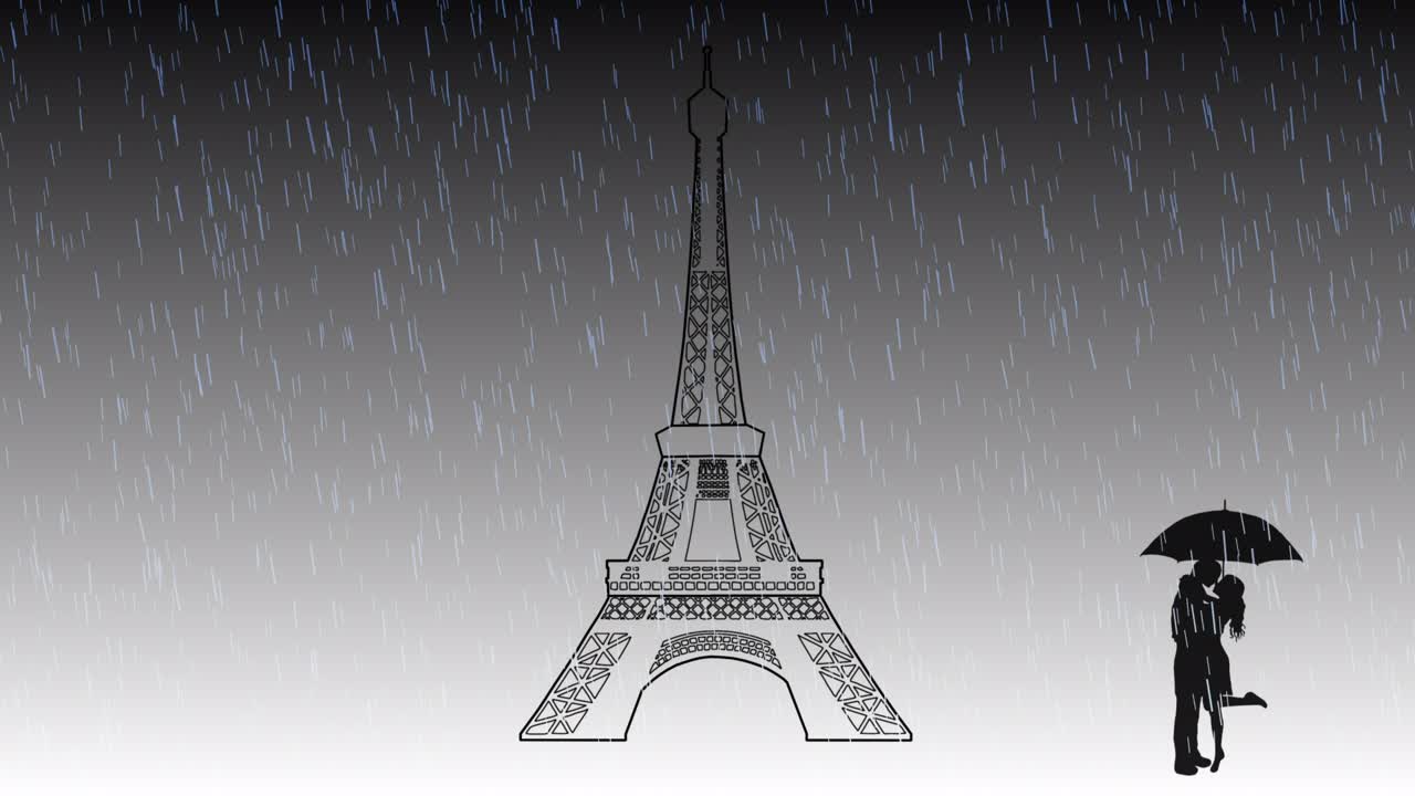 파리에서 비가 오는 날에 사랑하는 커플의 애니메이션, 밤에는 에펠탑이 켜져 있습니다.파리에서 사랑에 빠지십시오.프랑스로 여행하십시오.