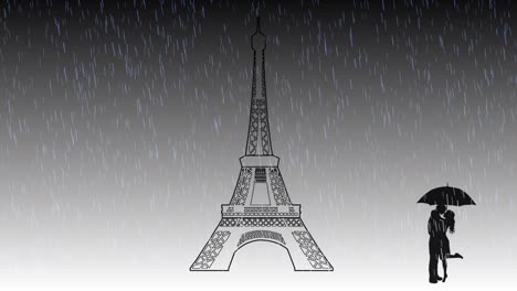 animación de una pareja enamorada en parís en un día lluvioso con la torre eiffel iluminándose por la noche. enamorarse en parís. viajar a francia.