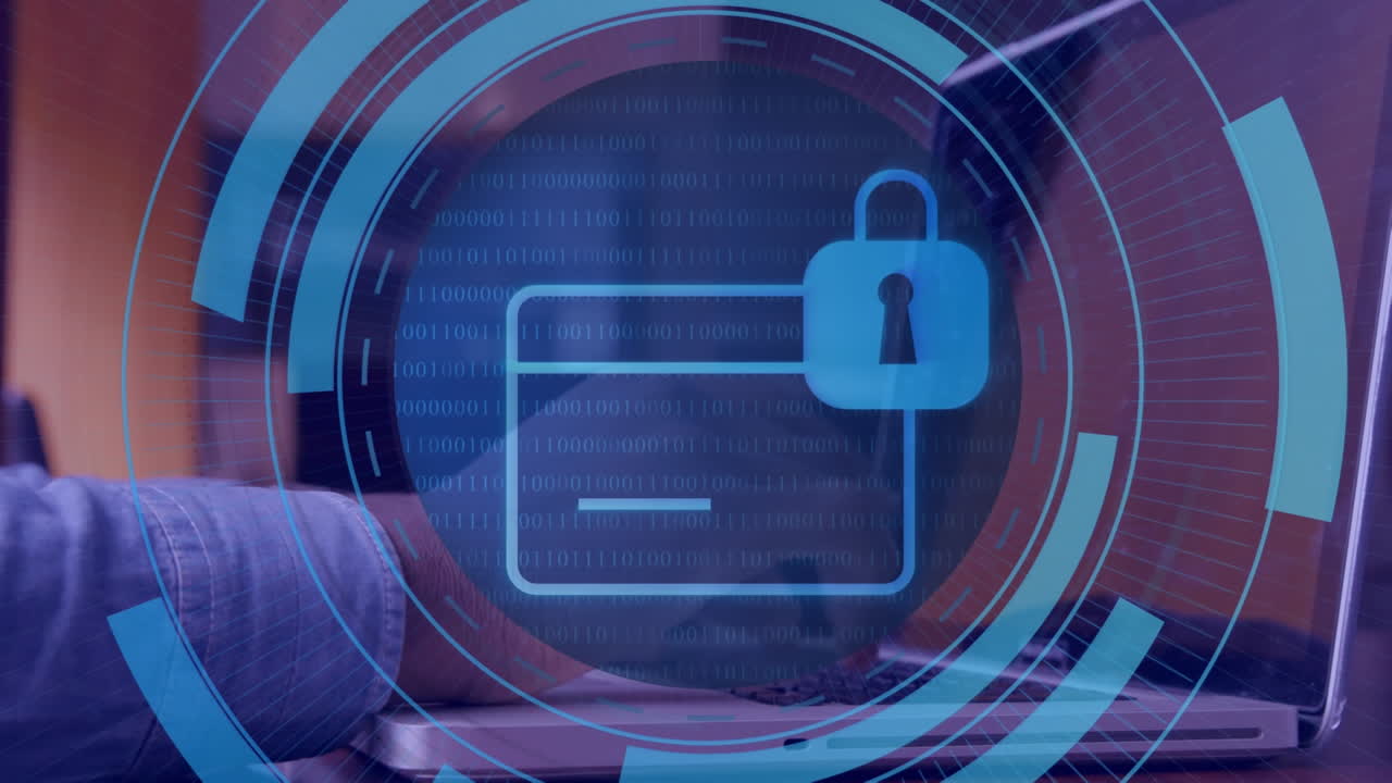 animación de una tarjeta con candado digital sobre las manos de un hombre caucásico usando una computadora portátil.