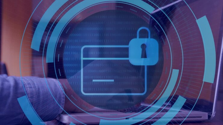 Animation of card with digital padlock over hands of caucasian man using laptop