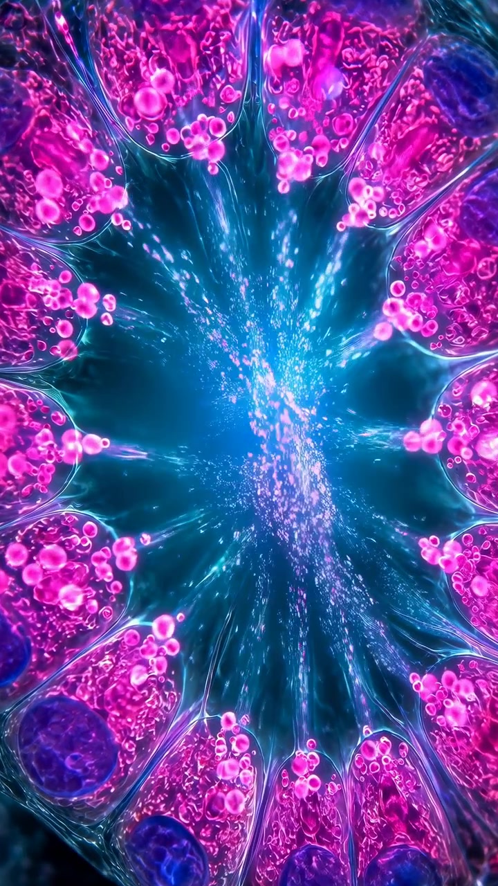 Onde astratte luminose pulsano verso l'esterno con transizioni fluide, creando un movimento radiale colorato attraverso uno spazio scuro mentre gradienti vividi e dettagli riflettenti formano un display visivo testurizzato e coinvolgente.