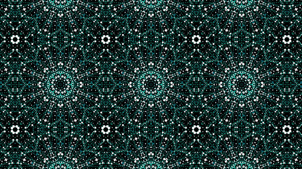 Abstract kaleidoscope pattern in blue and green tones. Mirror looped animation of tiny dots of Arabic ornament. Floral elements.