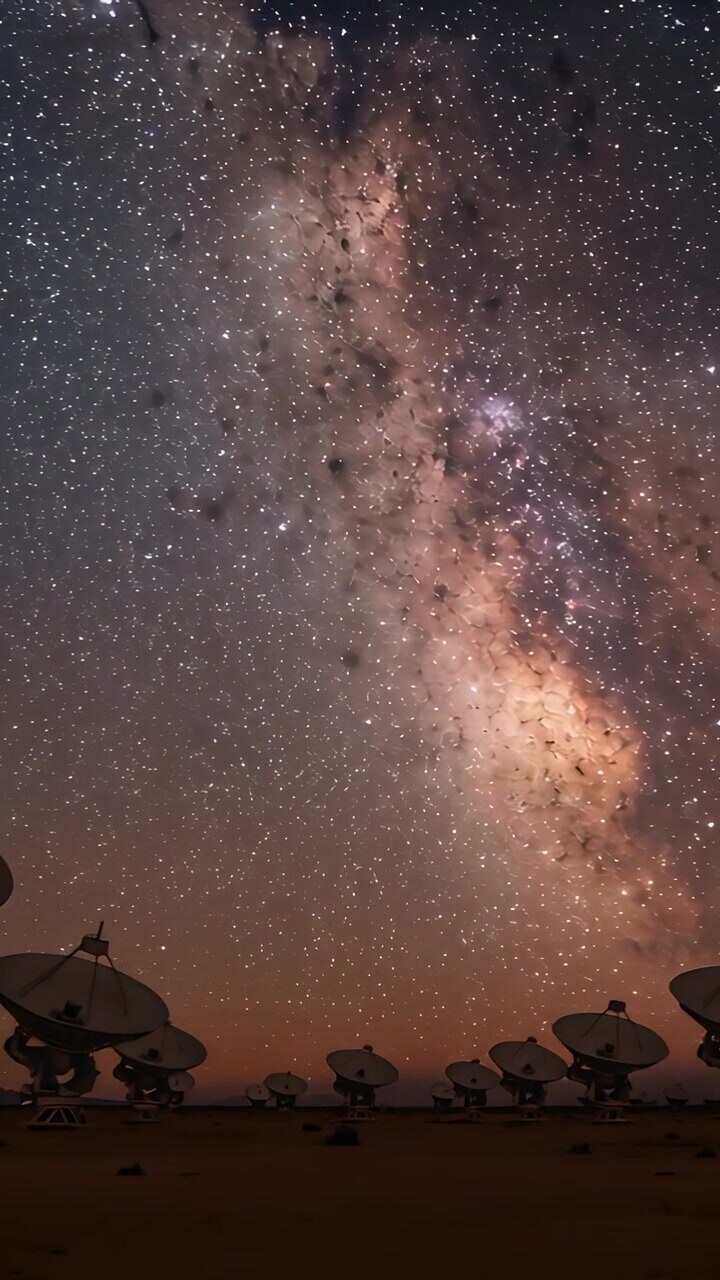 Vertical video: Capturing timelapse to center Milky Way core rising above dish array, horizon glow