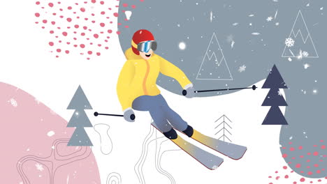 animation of snow falling over skier and christmas winter scenery