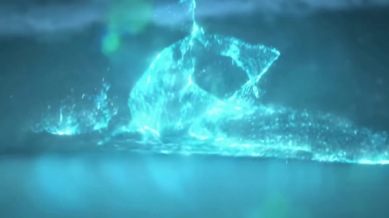 Un video ipnotizzante di particelle blu luminose che formano un'onda, ripreso da un'angolazione laterale.