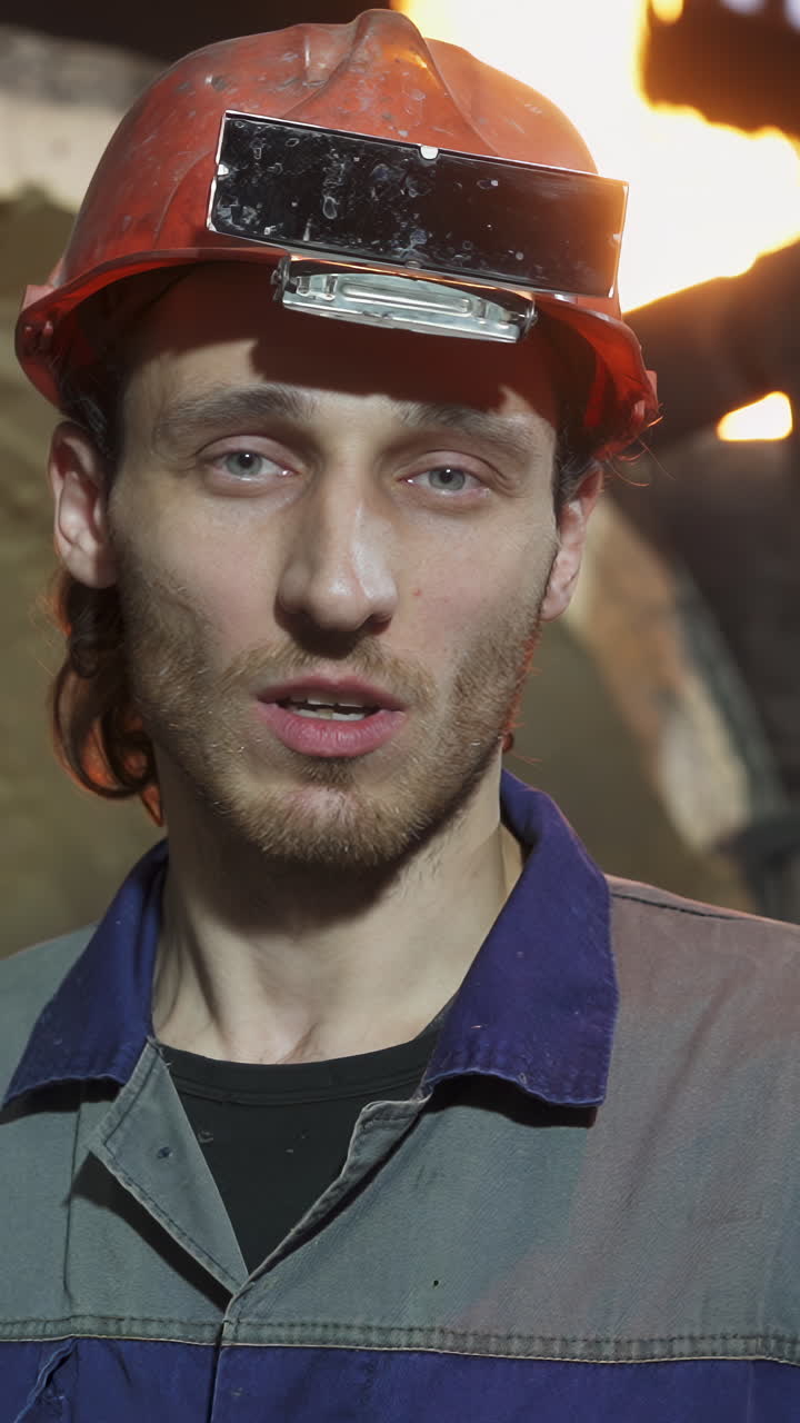 Close-up portrait of a male industrial worker or miner in a hard hat