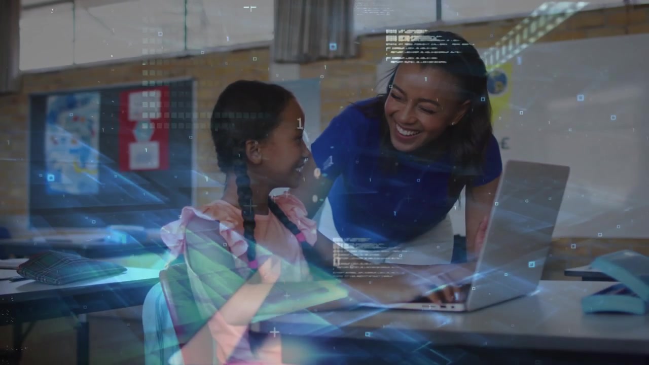 Animation of data processing over schoolgirl with teacher using laptop