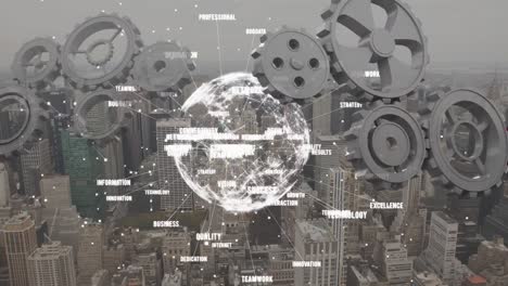 globe spinning with data and connection network with cogs rotating