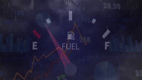 animación del velocímetro y procesamiento de datos estadísticos contra la lluvia y las nubes en el cielo.