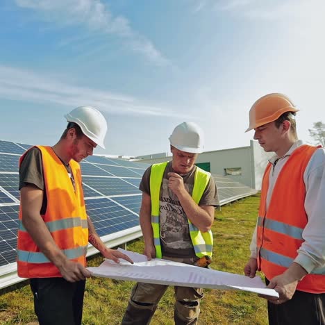 installation of solar panels. three workers looking at the plan on a solar farm in summer. blue solar batteries on the field for renewable energy.